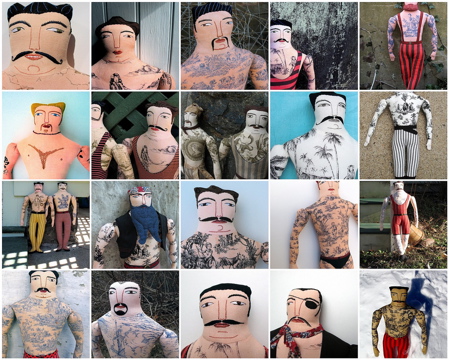 There were 23 tattooed men in various modes of fashion-. 18 girl dolls-